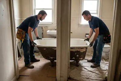 The old bathtub cut loose and carried out of the alcove